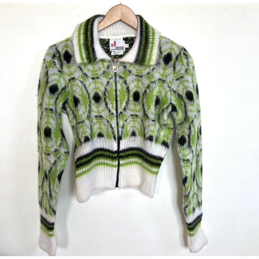 Diesel Vintage Mohair Wool Blend Women's Zip Cardigan Size L Lime Y2K Fuzzy Knit